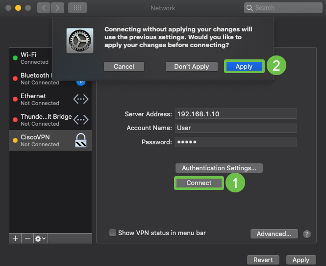 Connect button is highlighted in a green box with a number 1 next to it, to dictate pressing it first. Then a prompt will appear and the Apply button is Highlighted in a green box with the number two alongside to dictate pressing that button to continue. 