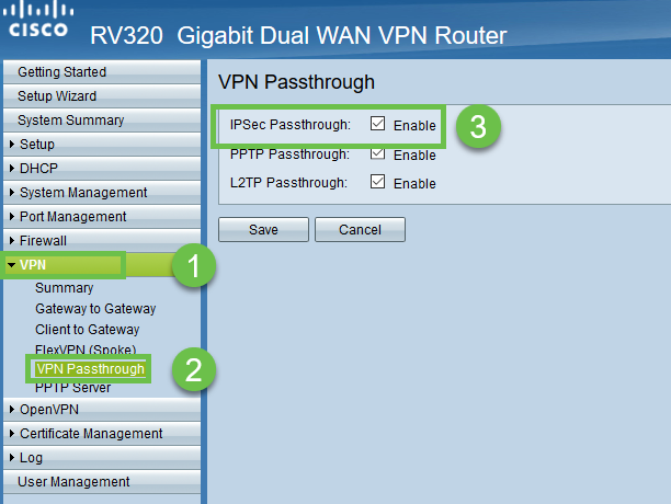 A screenshot of routers interface with steps: 1) VPN, 2) VPN Passthrough, 3) checking IPSEC Passthrough. 