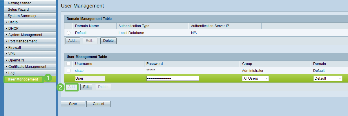 Side menu option of User maagement highlighted. Add button on User Management Table on the corresponding page is highlighted in green. 