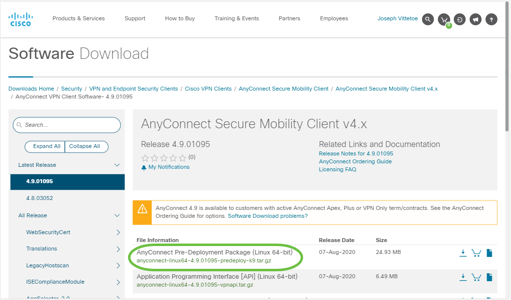 Téléchargez le package de prédéploiement AnyConnect pour Linux à partir de Cisco Software Downloads.