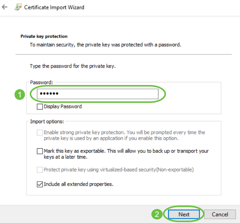 Enter the Password you selected for the Certificate and click Next. 