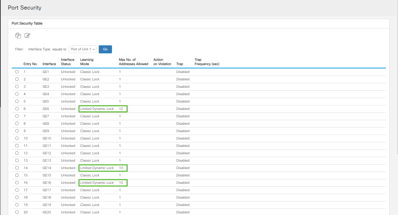 On the Port Security page, check for any ports that are not on Classic Lock. Classic Lock is the default for each port. Any port that is not on classic lock, has a limit on the number of devices on that port, which can cause disconnections. If you did not configure this setting, you can follow the steps to disable Smartports to fix this issue. 