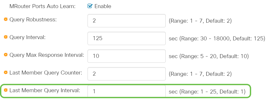 Last Member Query Interval - Enter the maximum response delay to be used if the switch cannot read the maximum response time value from group-specific queries sent by the elected querier.