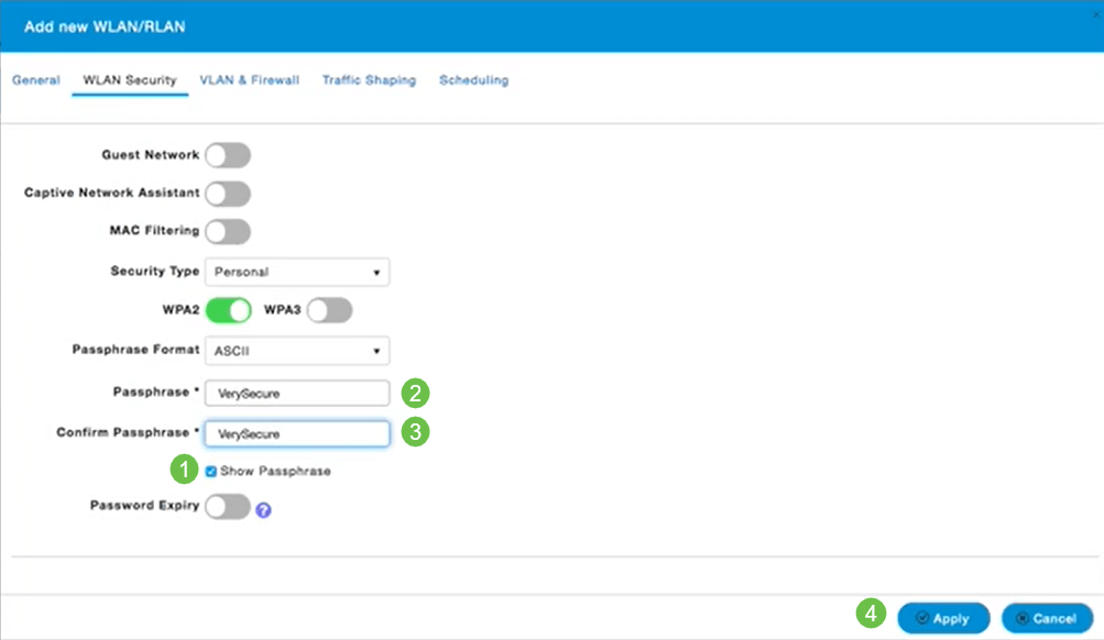 This image shows an example of what can be entered for the WLAN Security settings. 