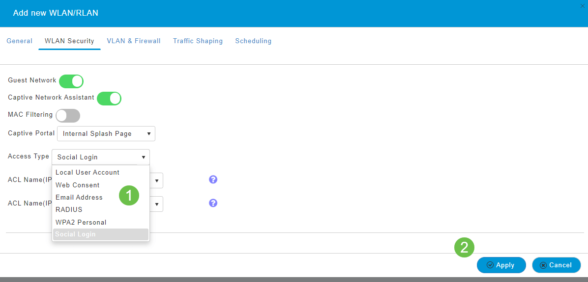 This image shows the WLAN Security Page including the options for Access type.