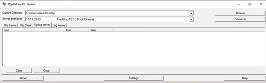 You will need to have a TFTP server open with the Syslog functionality turned on, so the logs can be sent to a file on the server. 