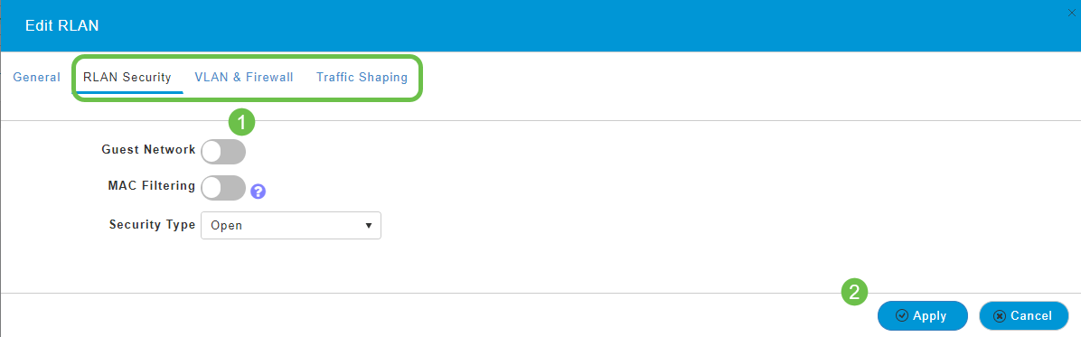 Navigate to the RLAN Security, VLAN & Firewall, or Traffic Shaping tabs if you need to change settings. Click Apply once you have made changes. 