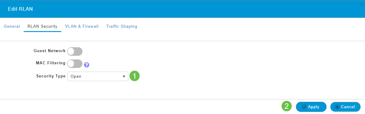 Under the RLAN Security tab. Under Security Type, you can select Open or 802.1X. In this example, the Security Type was left as the default. Click Apply. This will automatically activate this Open Security RLAN. Skip to Step 11. 