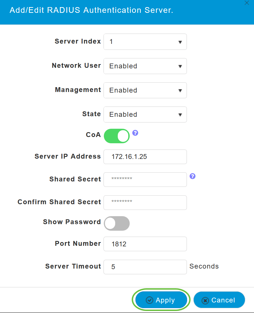 In the Add/Edit RADIUS Authentication pop-up window configure the settings and click Apply. 