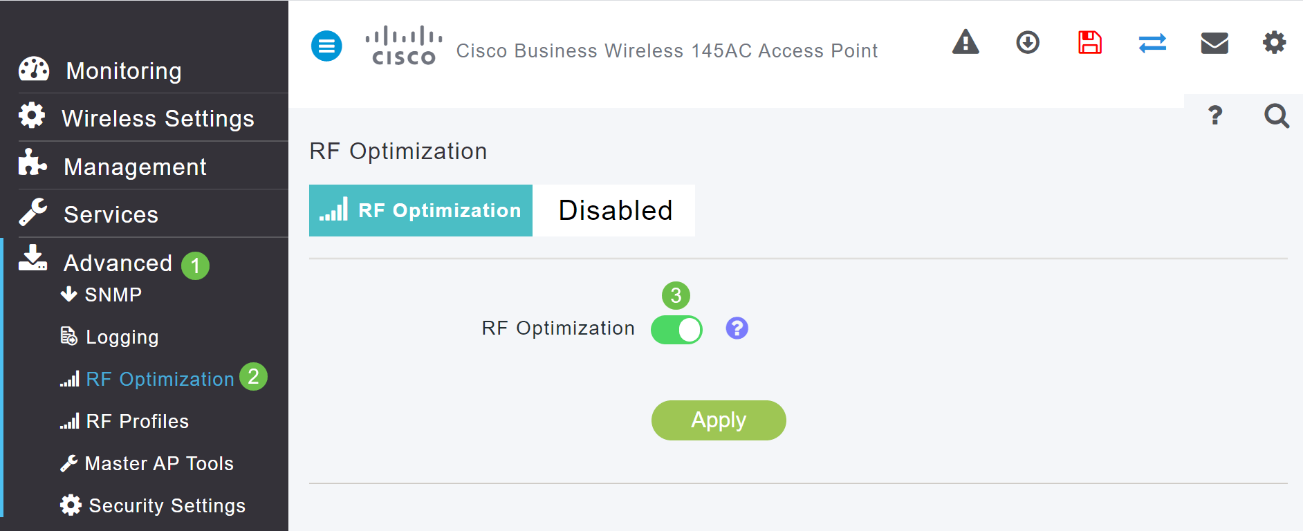 Navigate to Advanced > RF Optimization. Toggle on RF Optimization. 