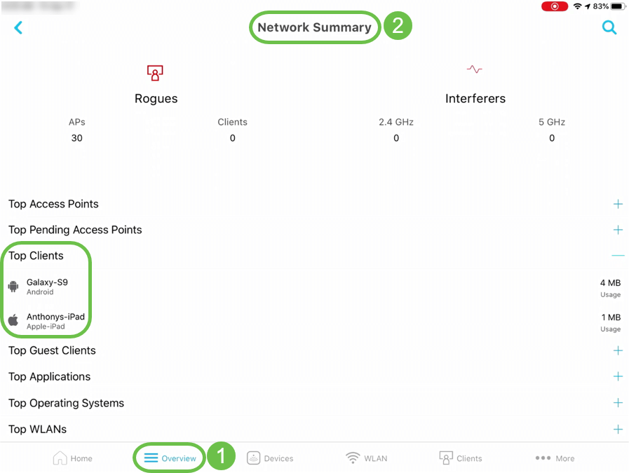 On the mobile app, navigate to Monitoring > Network Summary.