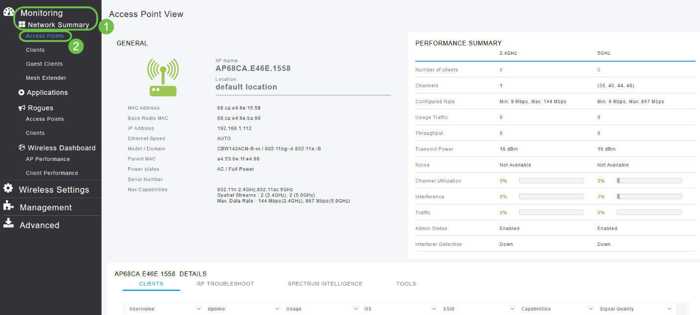 On the Web UI, navigate to Monitoring > Network Summary > Access Points. 