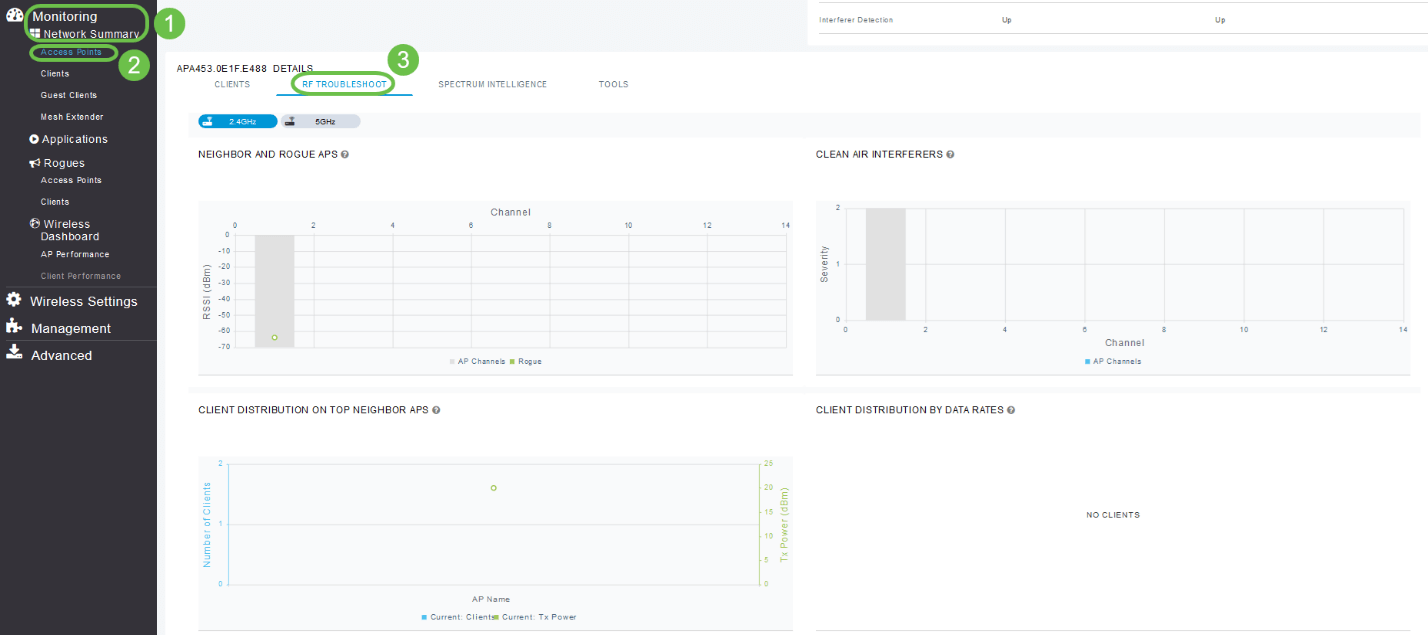 On the Web UI, navigate to On the Web UI, navigate to Monitoring > Network Summary > Access Points > RF Troubleshoot. 