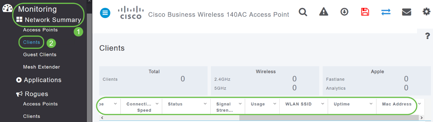 MAC Address / Hostname and IP address details of the associated clients on the Web UI. On the Web UI, navigate to Monitoring > Network Summary > Clients. 