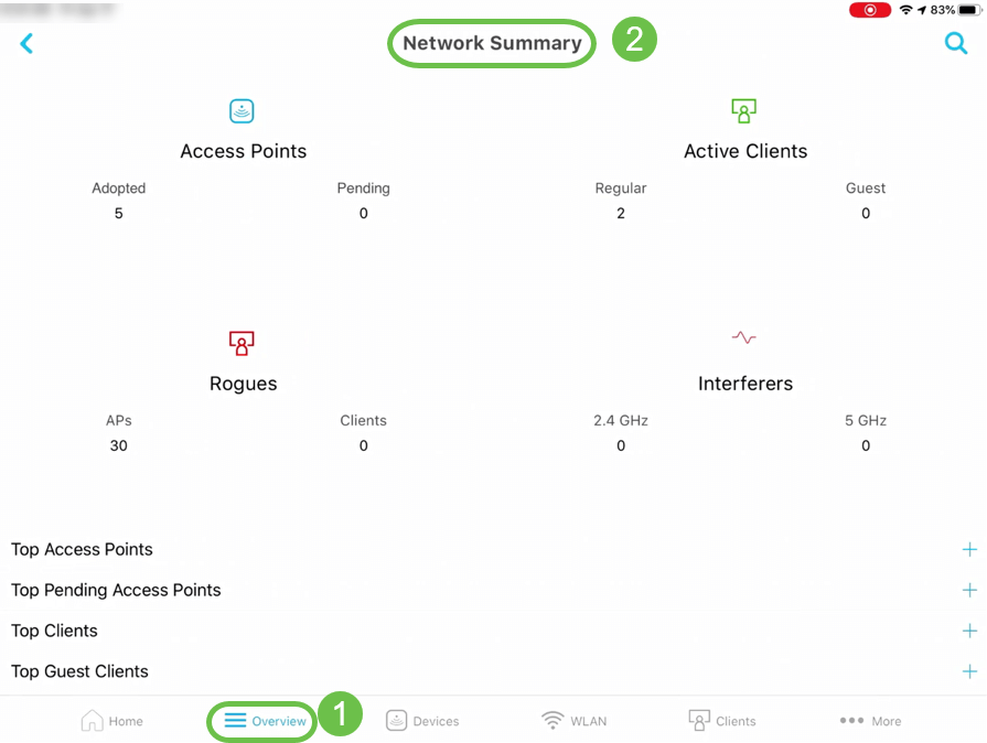 On the mobile app, select Overview and Network Summary.