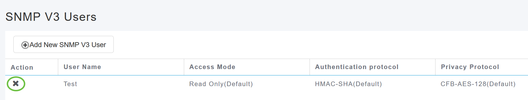 Click the X icon in the row containing the SNMPv3 user you wish to delete.