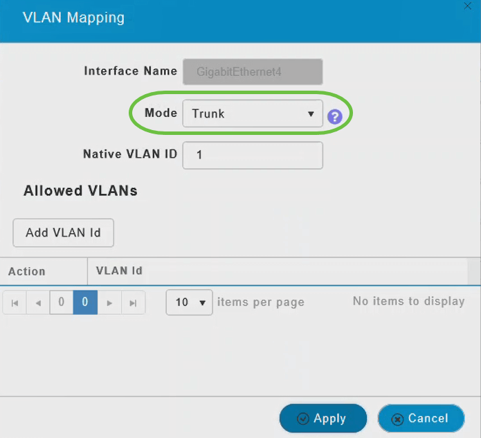 To configure an Ethernet interface as a Trunk port, in Mode section, select Trunk from the drop-down menu.