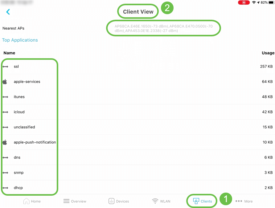 Client view option under Clients tab allows you to get more details about the Top Applications usage and the Nearest APs details for a specific client.