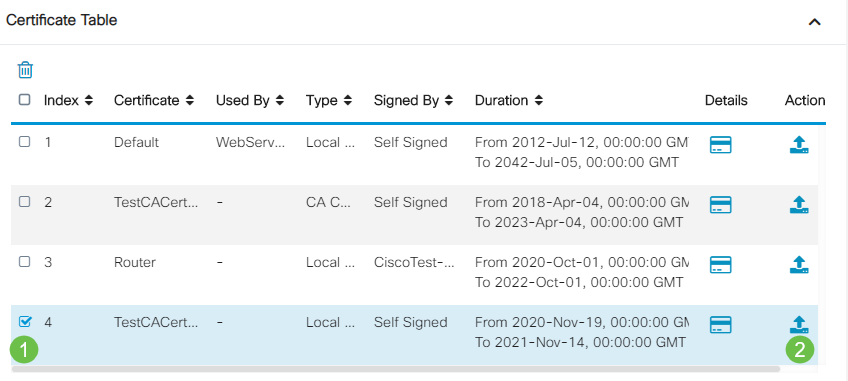 In the Certificate Table, check the checkbox of the certificate you want to export and click the export icon.