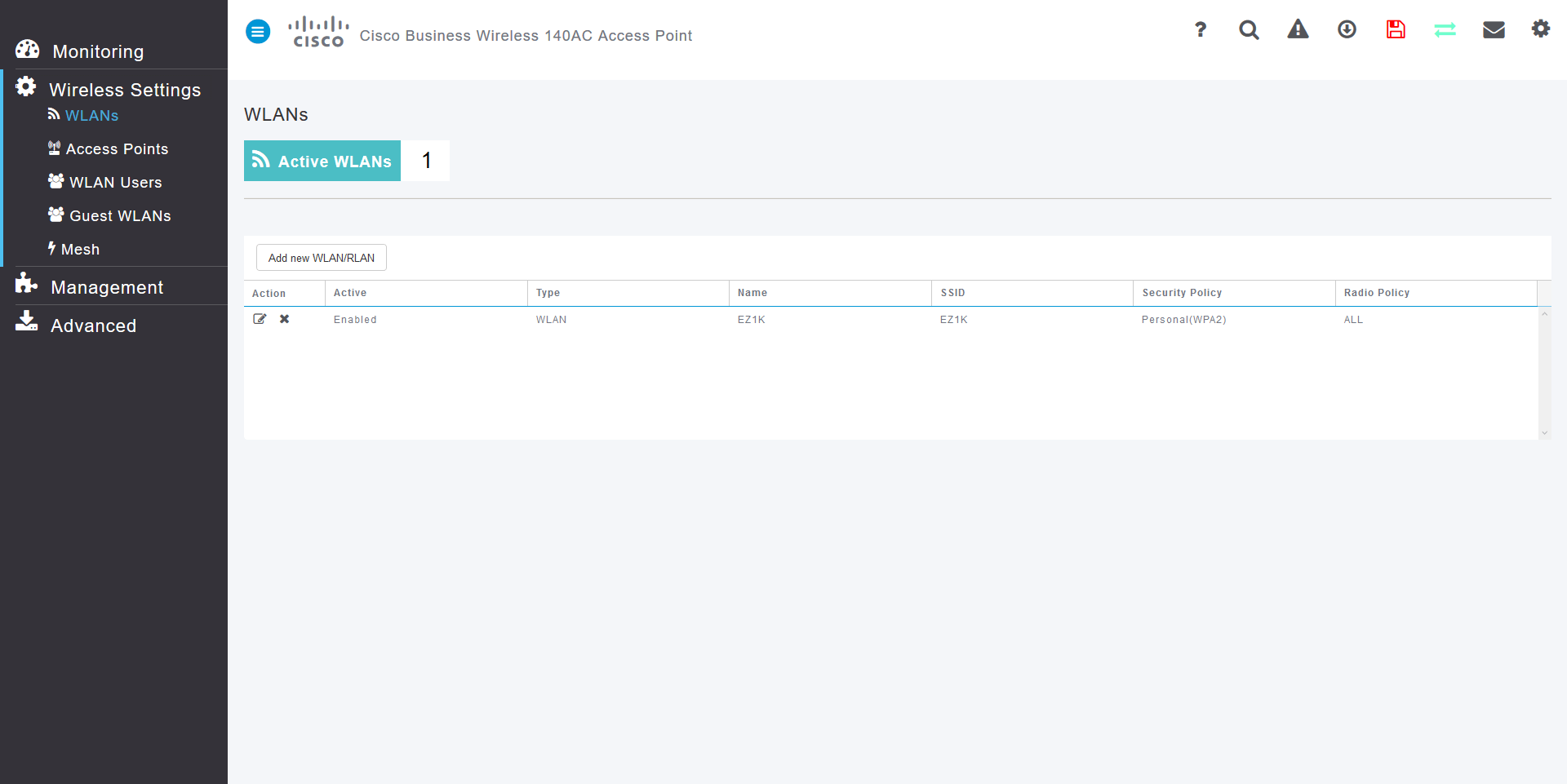 The WLANs page, one WLAN on the page.