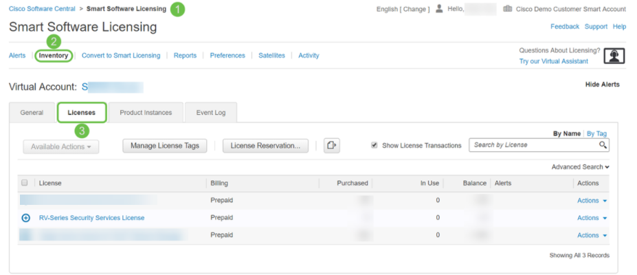 Navigate to your Smart License account page, then click Smart Software License page > Inventory > Licenses.