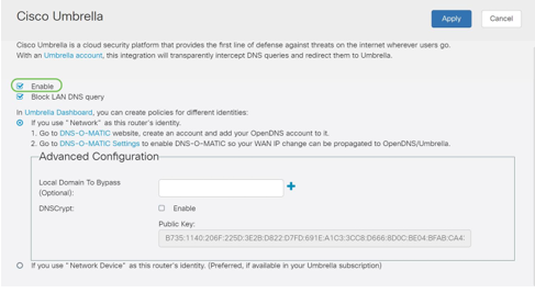 The Umbrella API screen has a range of options, begin enabling Umbrella by clicking the Enable checkbox.