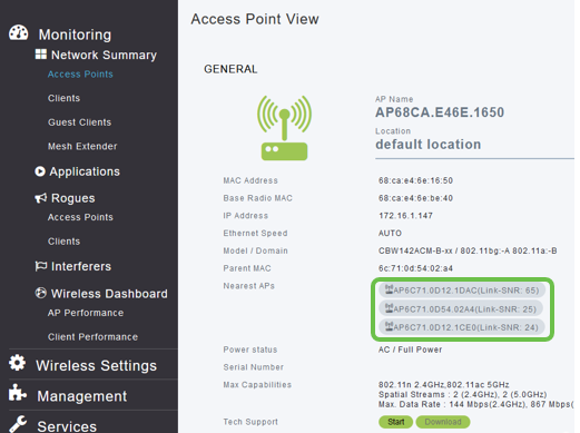 A new window opens where you can see the three closest APs to each Mesh Extender and their Signal to Noise Ratios. 