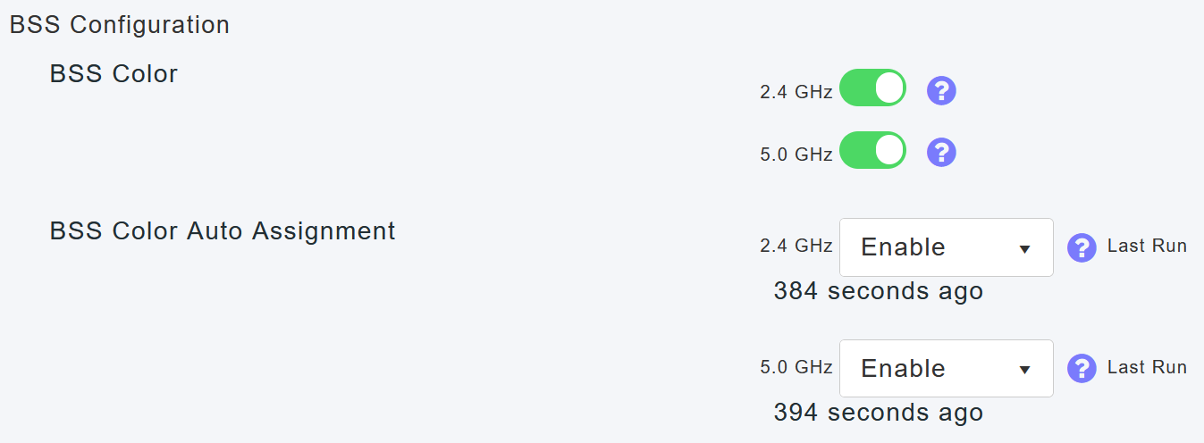 The BSS Configuration allows you to globally enable or disable BSS Color and configure your devices to automatically change color assignments based on detected neighboring access points.