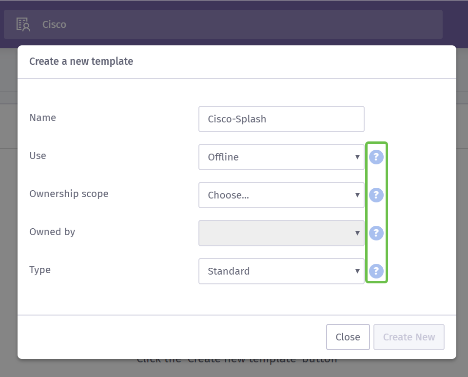 The create new template interstitial, the ? icons are highlighted.