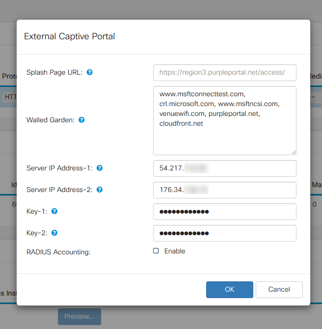 The External Captive portal modal window shown in full with user entered URLS.