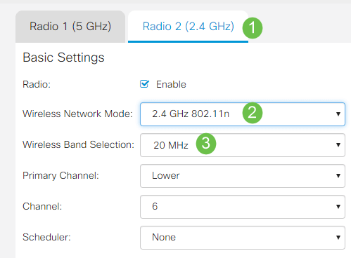 Keep on the Radio page and select Radio 2 (2.4 GHz). Set Wireless Network Mode to 2.4 GHz 802.11n and Wireless Band Selection to 20 MHz. 