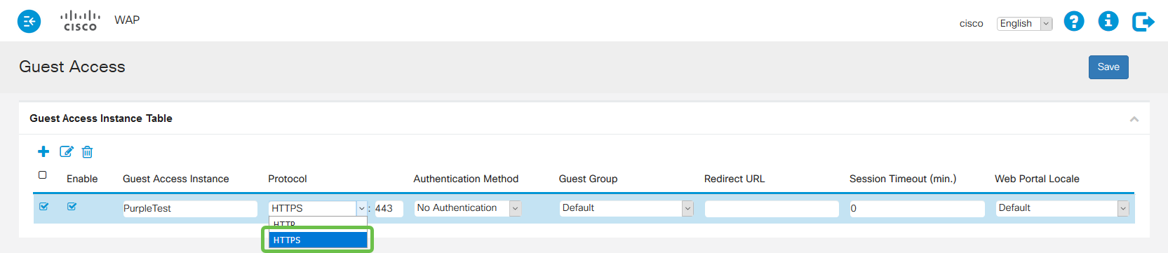 The Guest Access page, below the Guest Access Instance table, the protocol method drop-down box is active with HTTPS highlighted.