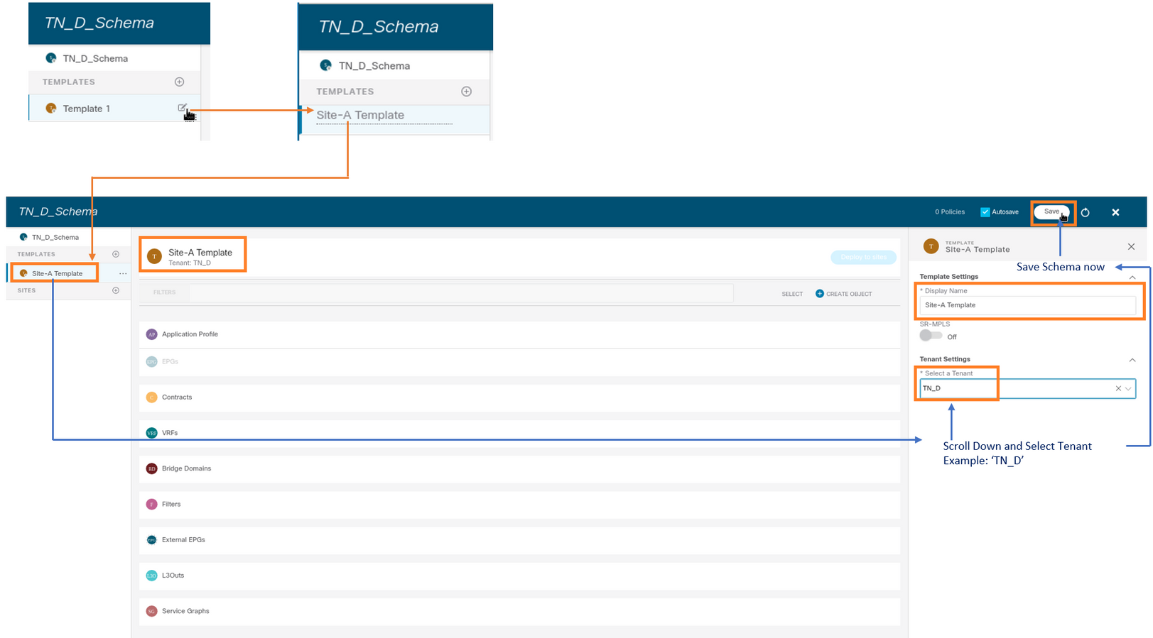 Configure Intersite L3out With ACI Multi-Site Fabrics - Name the Site-A Template