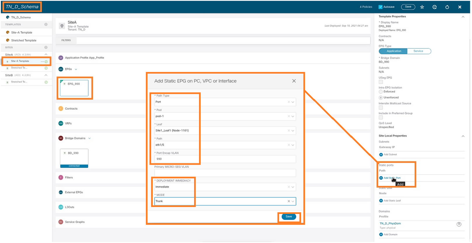 Configure Intersite L3out With ACI Multi-Site Fabrics - Add the Static Port