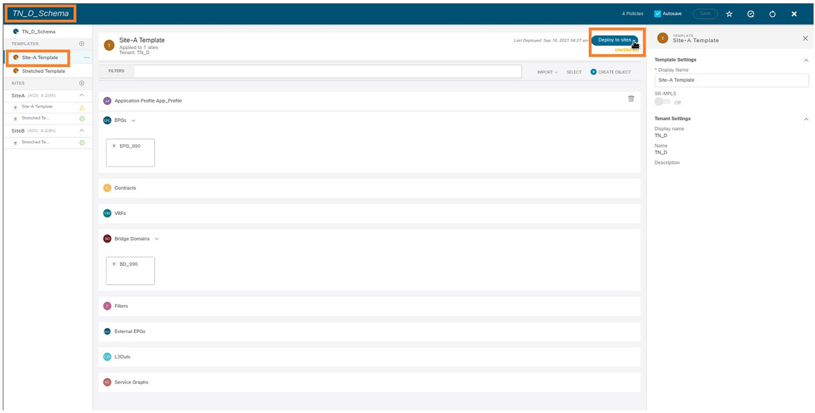 Configure Intersite L3out With ACI Multi-Site Fabrics - Deploy the Site-A Template