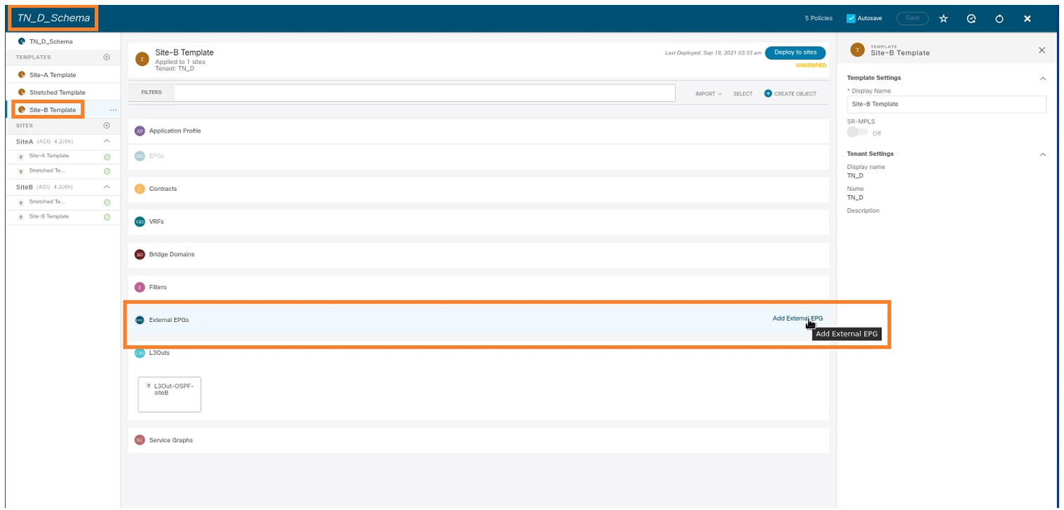 Configure Intersite L3out With ACI Multi-Site Fabrics - Add External EPG to Site-B Template