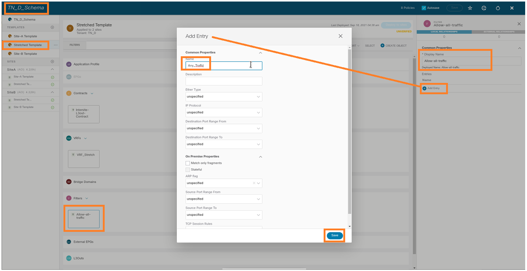 Configure Intersite L3out With ACI Multi-Site Fabrics - Add Filter to Allow All Traffic