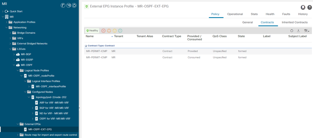 MR-PERMIT-ICMP contract applied to MR-OSPF-EXT-EPG