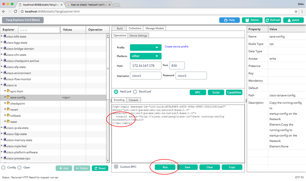 Run is Selected to Send the RPC Message to the Catalyst 3850