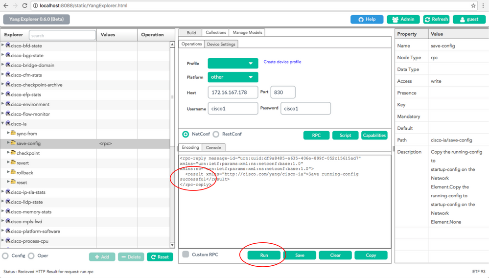 Run is Selected to Send the RPC Message to the Catalyst 3850