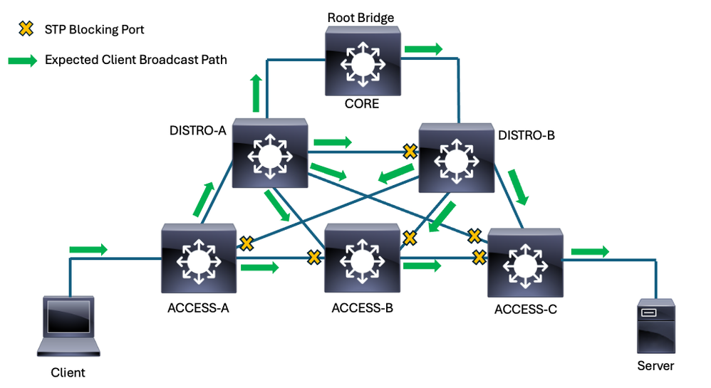 Client broadcast path in converged topology