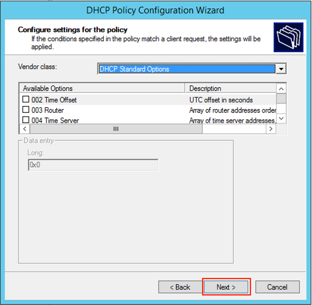 win2012, DHCP Standard options. Click NExt