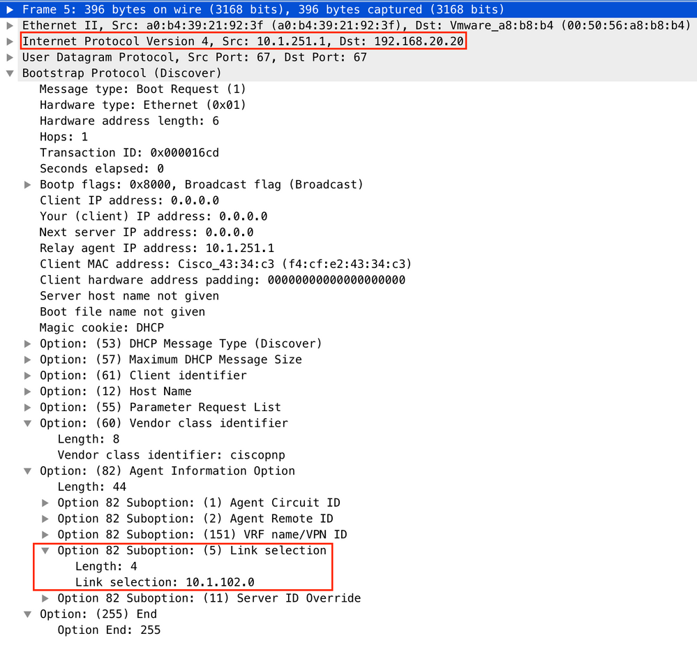 Option 82(5) for the scope vlan 102 in the same VRF