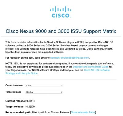 Cisco Nexus 9000 en 3000 ISSU ondersteuningsmatrix