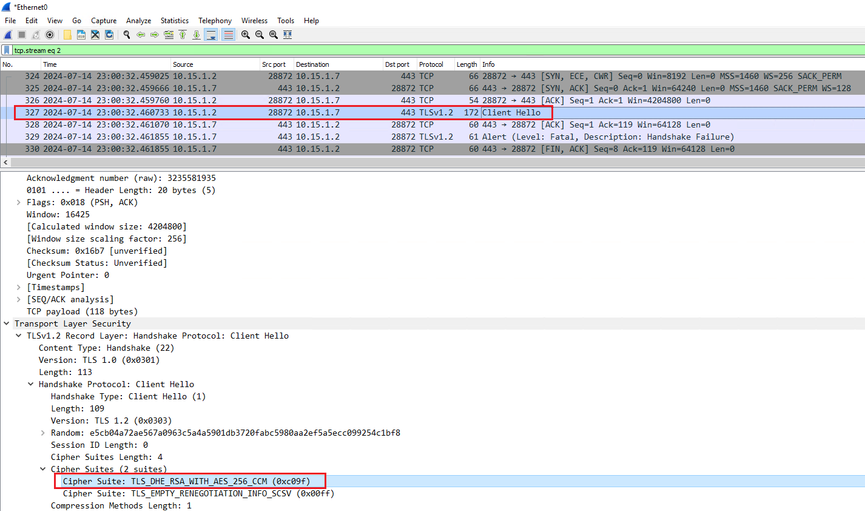 Ejemplo de un paquete ClientHello en Wireshark