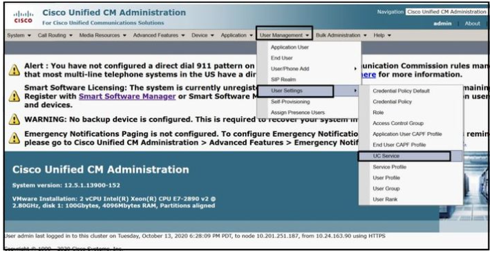 CUCM Administration Webページで「UC Service」を開きます。