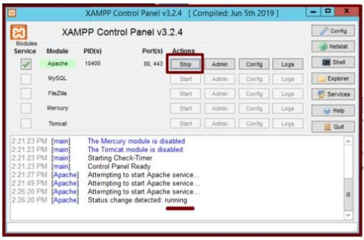 Stop & Startボタンを押して、Apacheサービスを再起動します。