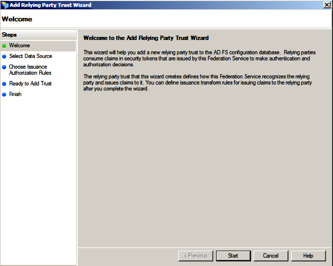 Welkom bij de Add Relying Party Trust Wizard