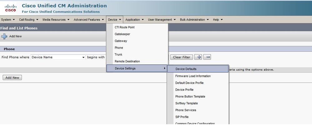 Select Device Defaults from Device Settings