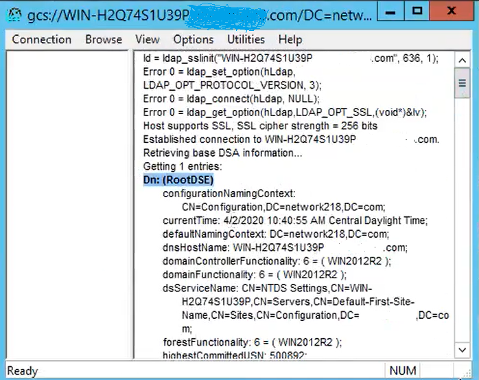 For asuccessful Connection on Port 3269, RootDSE Info Prints out in Right Pane